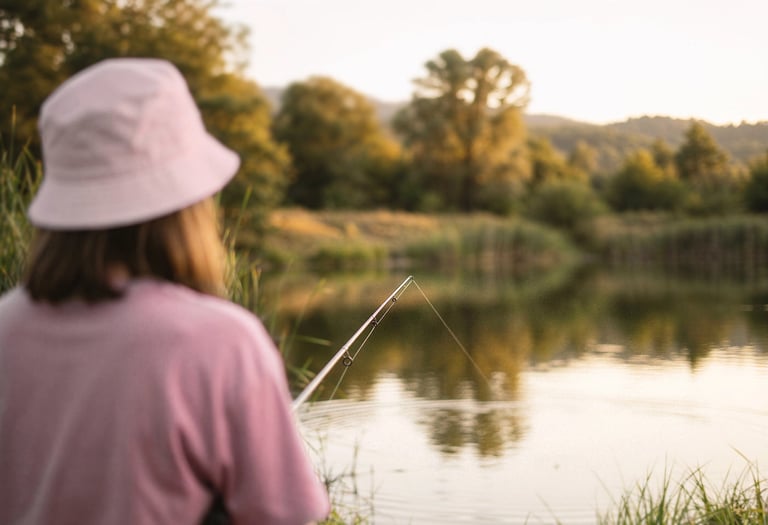 Man fishing by a lake wearing a KOIJOY bucket hat in a calm natural setting