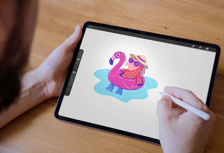 Man drawing an individual koi sketch on a tablet as part of the design process