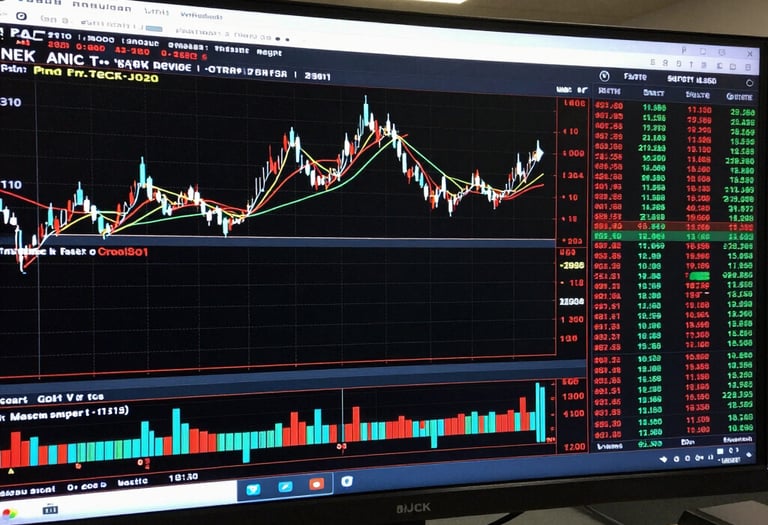 A vibrant trading dashboard glowing with neon purple and cyan highlights against a dark glassmorphic background.