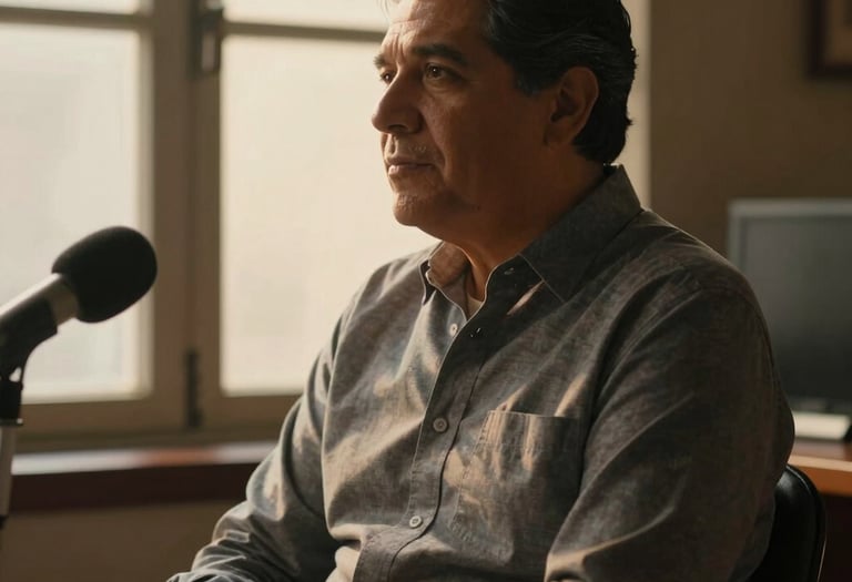 A cozy radio studio with microphones and glowing soundboards, capturing the essence of live bilingual broadcasting.