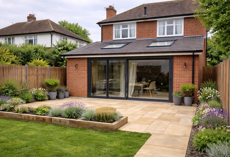 A high-quality rear home extension in Brighton featuring large anthracite grey sliding glass doors, 