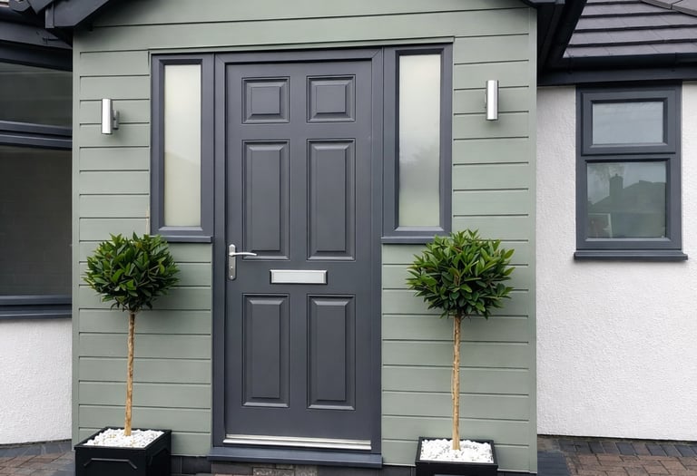 A bespoke modern porch in Portslade, built with a dark grey door, sage green horizontal cladding, and outdoor lighting.