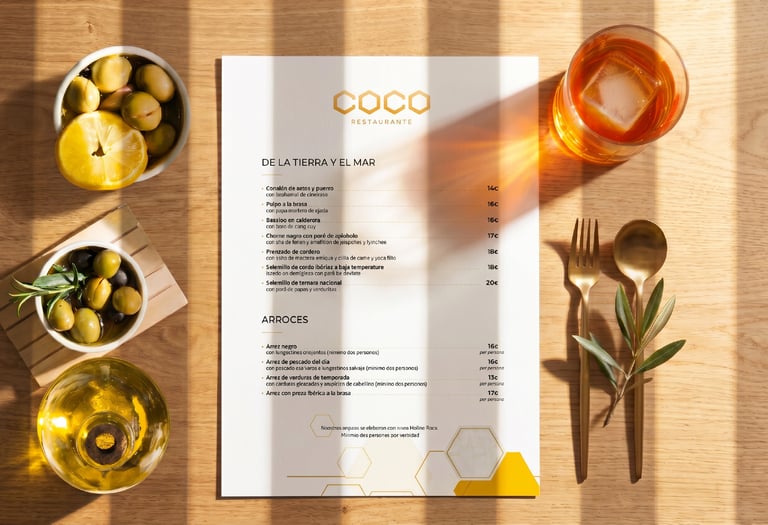 Menú de Coco sobre mesa de madera con elementos culinarios mediterráneos