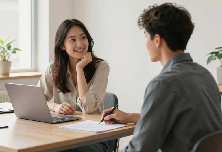 A friendly loan officer discussing mortgage options with a young couple in a cozy living room.