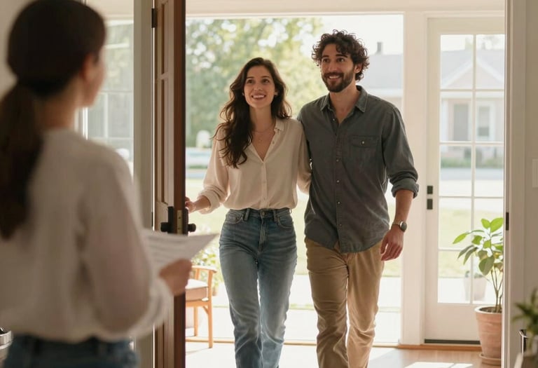A friendly loan officer discussing mortgage options with a young couple in a cozy living room.
