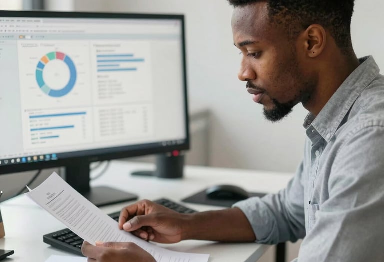 A friendly loan officer discussing mortgage options with a young couple in a cozy living room.