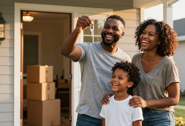 A friendly loan officer discussing mortgage options with a young couple in a cozy living room.