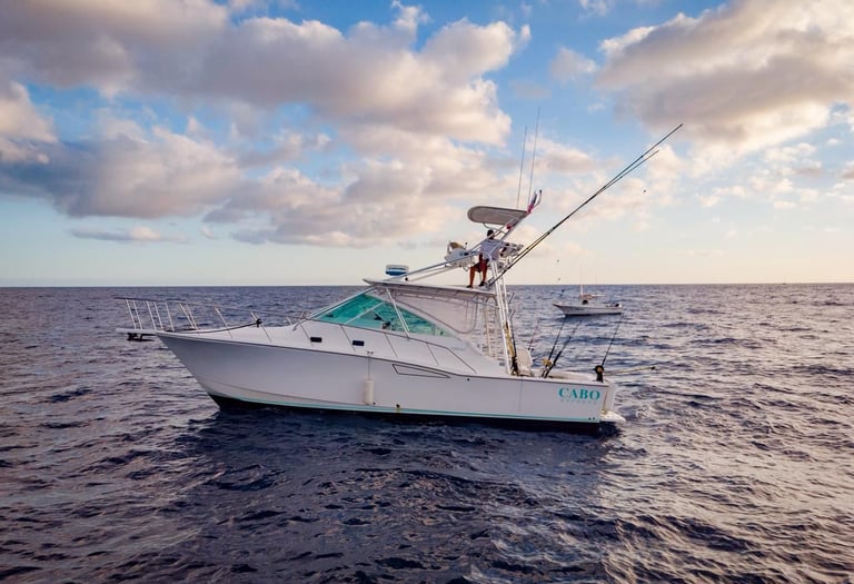 A white Cabo Express sportfishing boat with fishing rods on the open ocean under a cloudy sky.