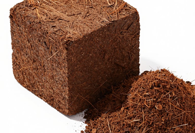 Close-up of rich, moist cocopeat ready for planting in a greenhouse setting.