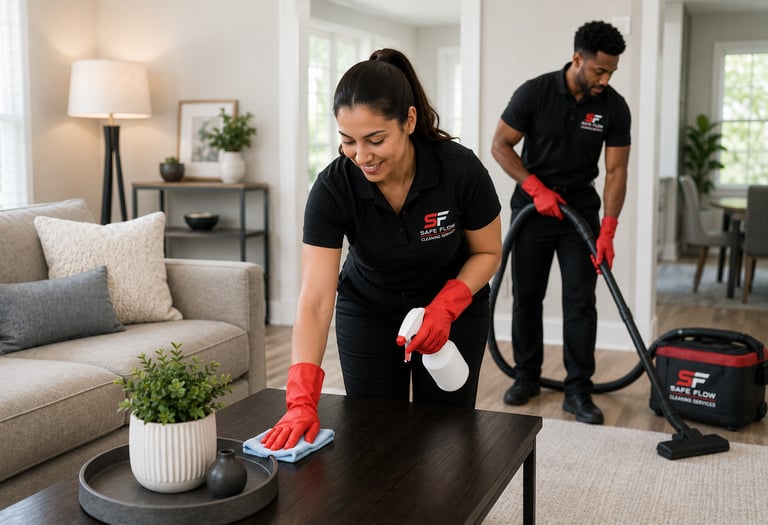 Professional residential cleaners sanitizing a living room table and vacuuming carpet.