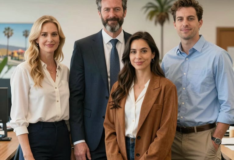 A warm group photo of the entire team standing together in the office, smiling and approachable.