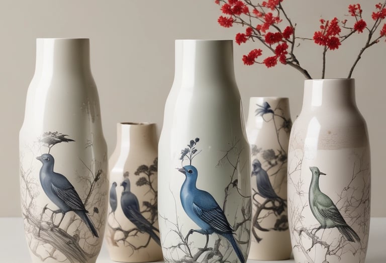 a group of vases with birds on them