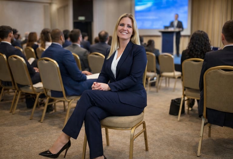 Smiling businesswoman in a navy suit attending a professional corporate conference seminar.