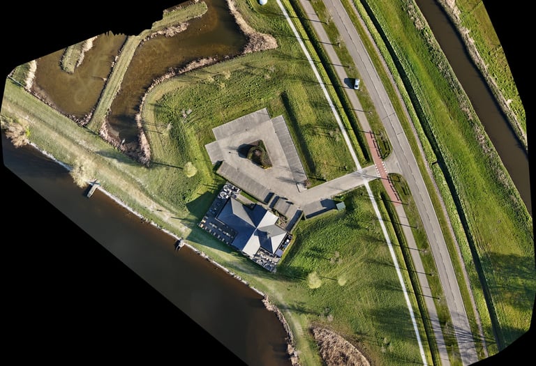 Aerial orthomosaic of a restaurant site plan — drone mapping for layout documentation and measuremen