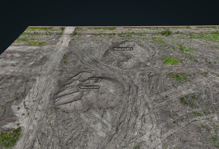 Aerial stockpile measurement with volume annotations — drone mapping for earthworks quantity documen
