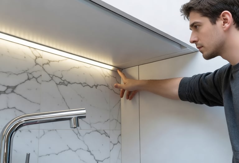 Perfil de esquina bajo mueble de cocina logrando una luz lineal continua.