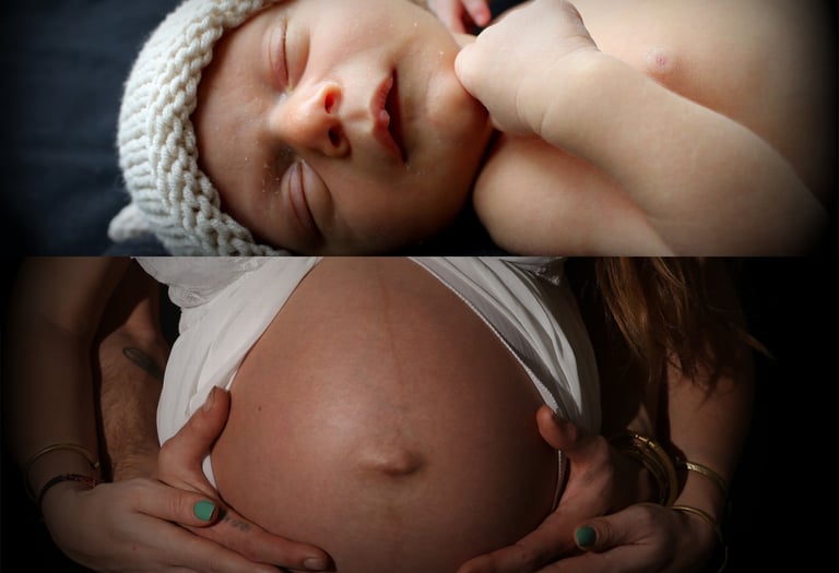 en haut photo d'un nourrisson qui dort, en bas un ventre enceinte entre les mains des parents