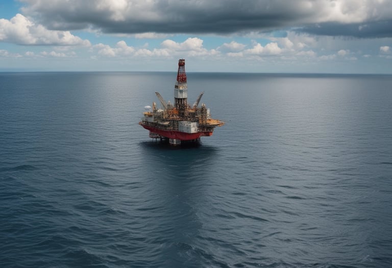An offshore oil drilling platform is situated in the middle of a large expanse of blue ocean, under a sky scattered with fluffy clouds. A smaller boat or ship is seen moving away from the platform, leaving a trail in the water.