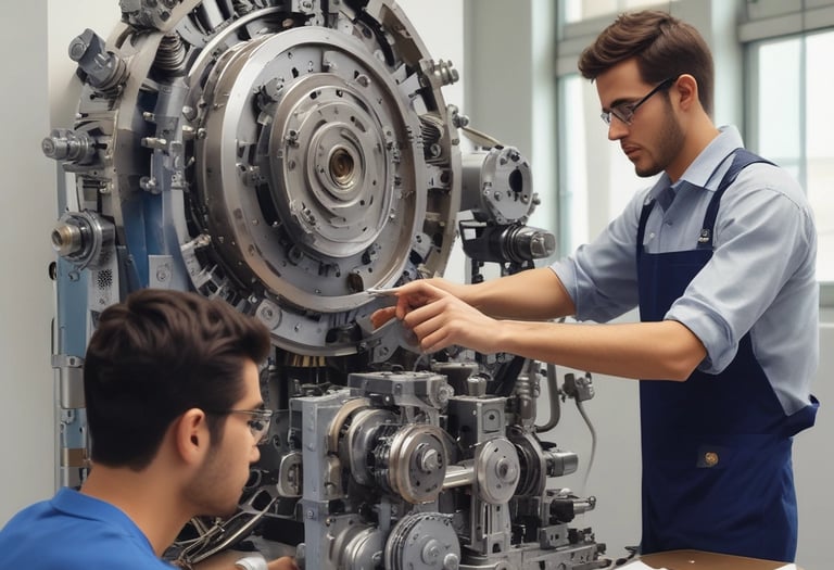 A group of engineers collaborating over technical blueprints in a modern office.
