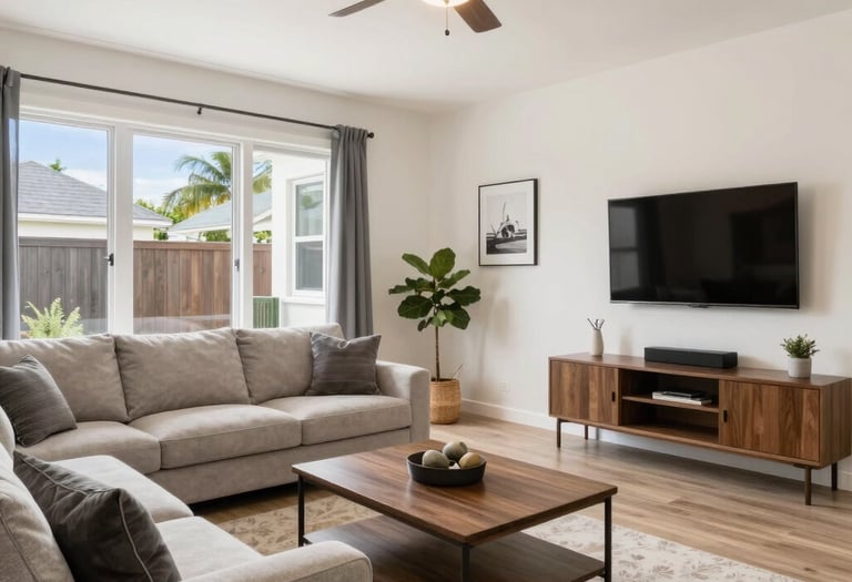 Modern living room with modular kitchen, wardrobes, and elegant ceiling design.