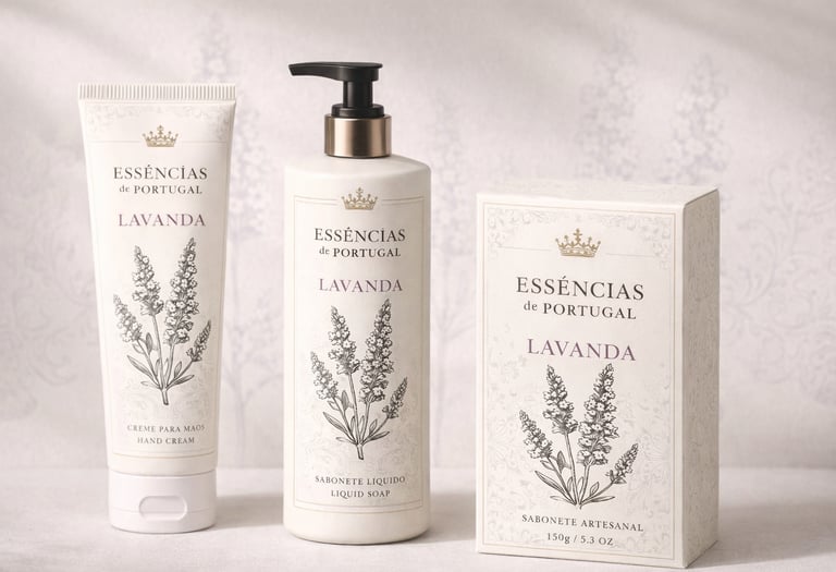 Sistema visual da marca Essências de Portugal com ilustração botânica aplicada a embalagens de cosmética natural