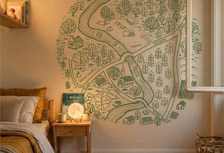 Mural artístico personalizado para quarto infantil com ilustração de uma aldeia imaginária