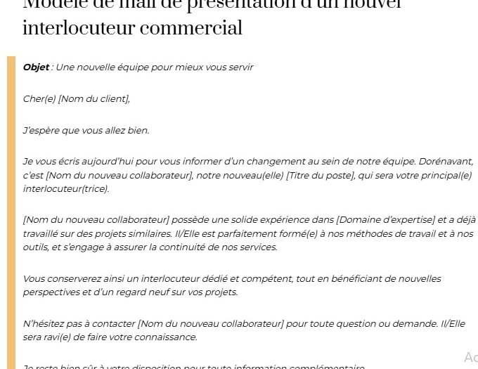 mail présentation nouvel interlocuteur commercial