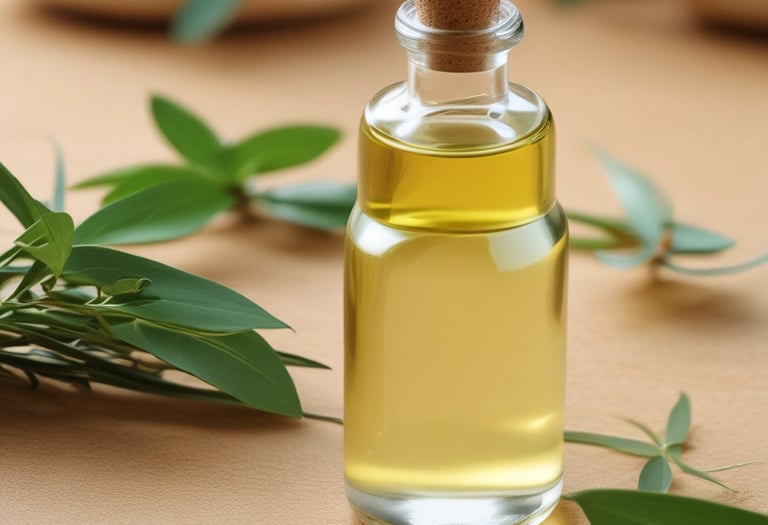 Two orange cosmetic products labeled 'Bioglow' are placed on a white, slightly wrinkled fabric with fresh green leaves and a white tulip resting beside them. The packaging is vibrant and stands out against the soft background.