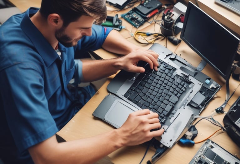 A car service or repair garage is depicted, with a vehicle hoisted on a lift. A laptop is placed on a nearby workstation with an open drawer filled with tools. The environment features tiled walls and floor, and equipment such as a tire changer and a balancing machine. Fluorescent lighting provides illumination.