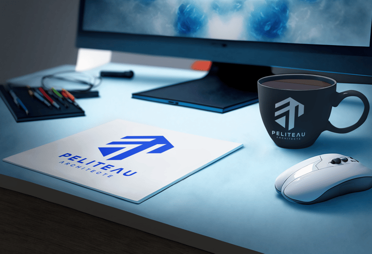 Identité visuelle de marque d'architecte sur un bureau avec une tasse et cahier..