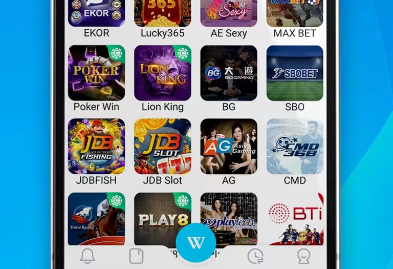 A lively casino scene featuring a row of bright, colorful slot machines with themes like Monopoly, M