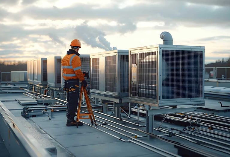 Generic Industrial HVAC photo with an engineer on top of a building doing checks on the HVAC system