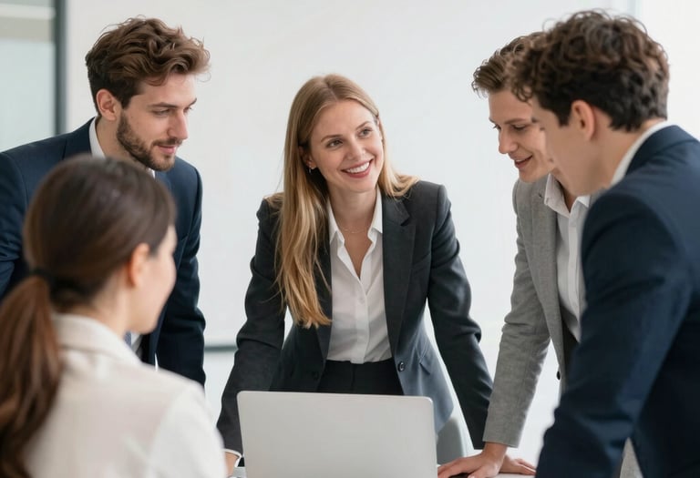 A friendly consultant smiling during an online video call with a client