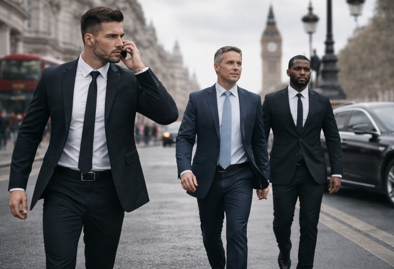 Professional executive protection team walking in London with Big Ben in the background.