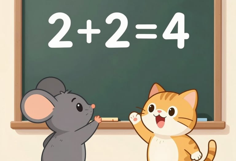 Cartoon of a mouse teaching a cat basic math