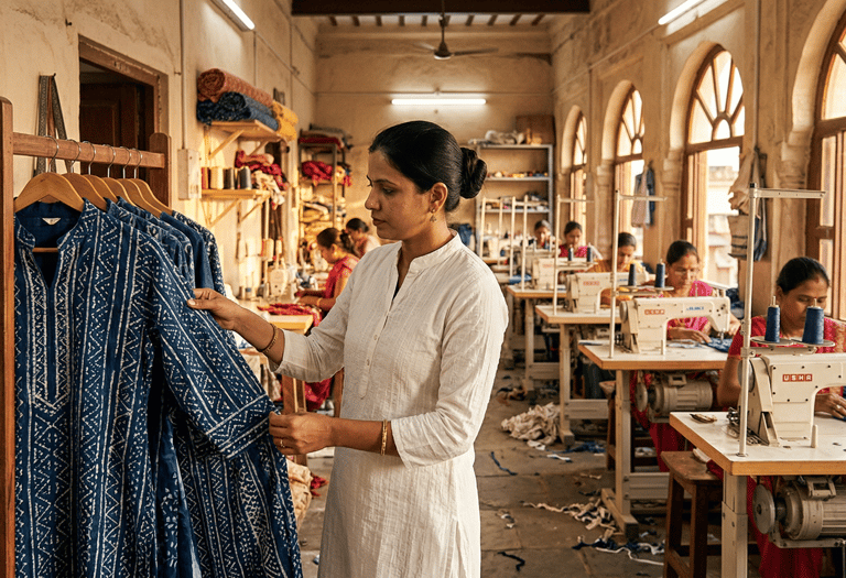 Private label clothing manufacturing in India — artisan atelier in Jaipur producing custom garments for global fashion brands