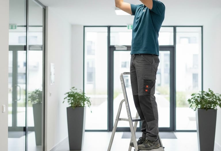 a man standing on a ladder ladder to reach the ceiling