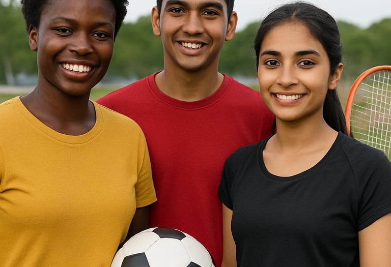 a group of people standing around a soccer ball