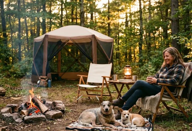 Cozy wooded campsite at golden hour with camp chairs, a campfire, and two dogs — Horacio & Visconti