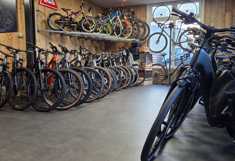 Fietsen in de showroom van Otto’s Tweewielershop.