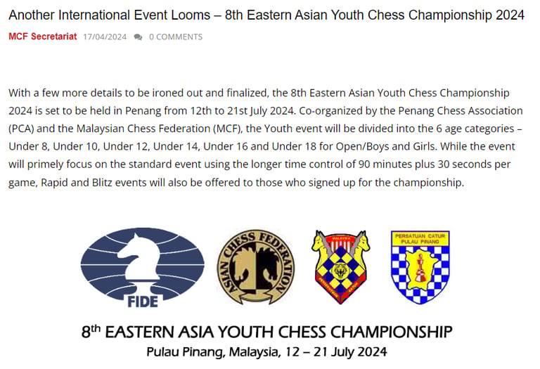 Asian Chess Federation International Chess Event 8th Eastern Asian Youth Chess Championship 2024