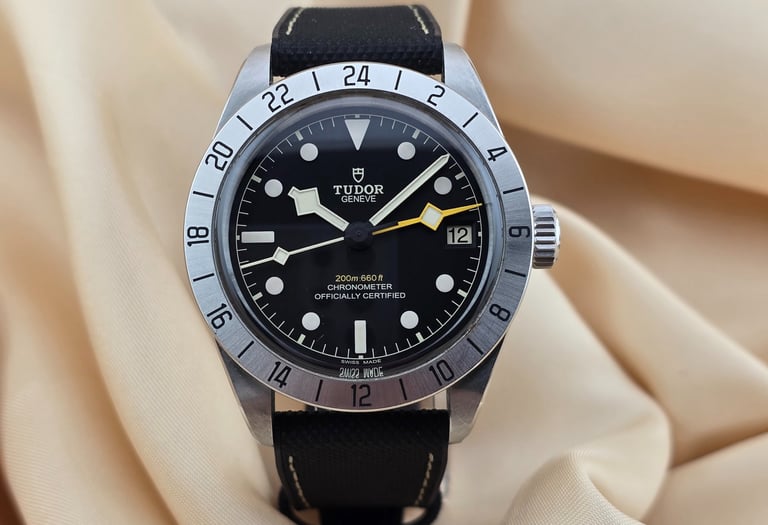 Tudor Black Bay Pro watch with vulcanised rubber strap and stainless steel case