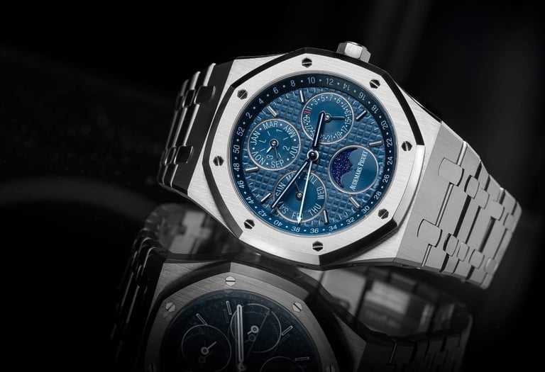Audemars Piguet Royal Oak Moonphase watch with blue dial and stainless steel case