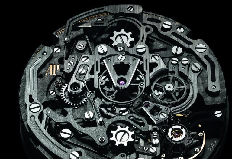 Close-up of Audemars Piguet mechanical watch movement with intricate finishing