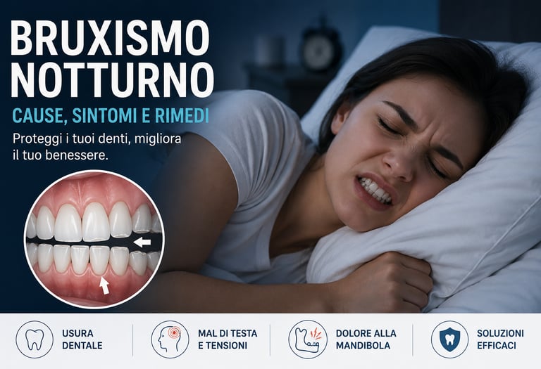 Donna che soffre di bruxismo notturno e digrignamento dei denti durante il sonno.