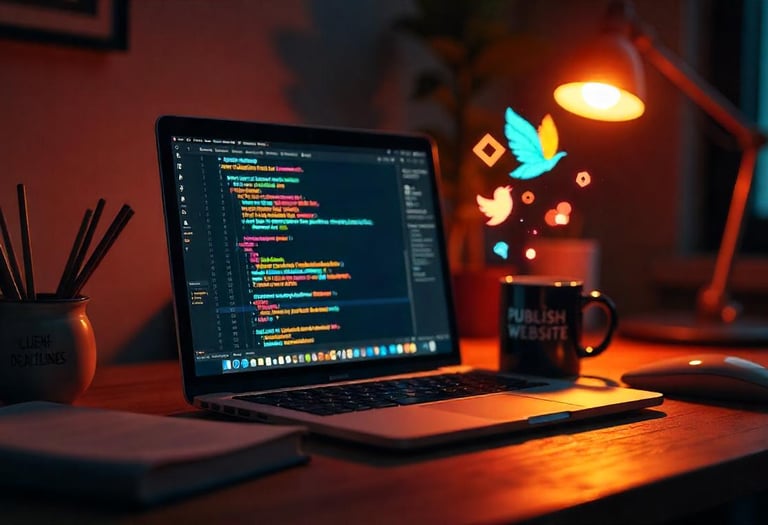 A laptop with codes and a mug text written publish website