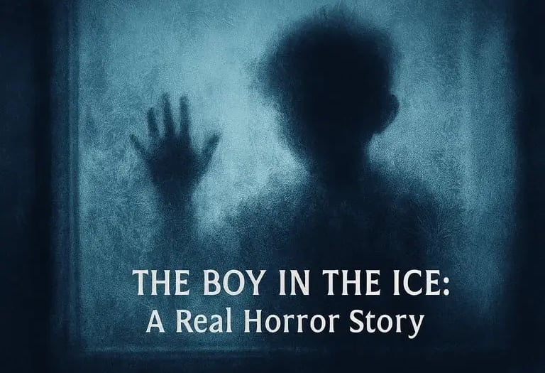 Ghostly boy’s silhouette behind frost‑covered glass with icy blue tones and story title overlay.