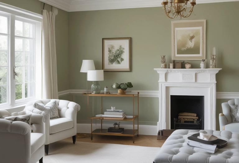 Elegant sage green living room with a white fireplace, tufted ottoman in Hove.