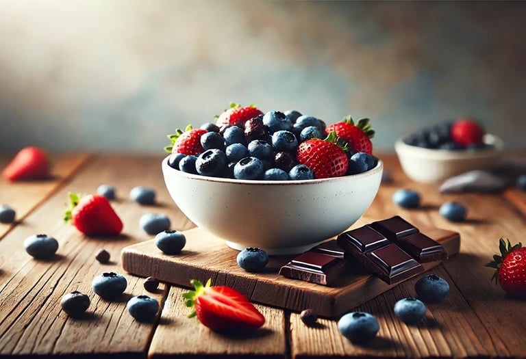 Schüssel mit Beeren und Schokolade auf einem Tisch