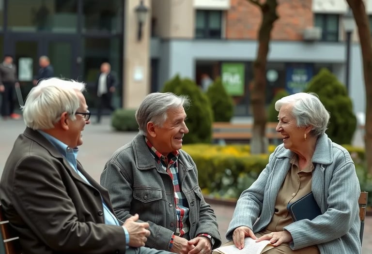kleine Gruppe älterer Menschen sitzt draussen und sie unterhalten sich fröhlich